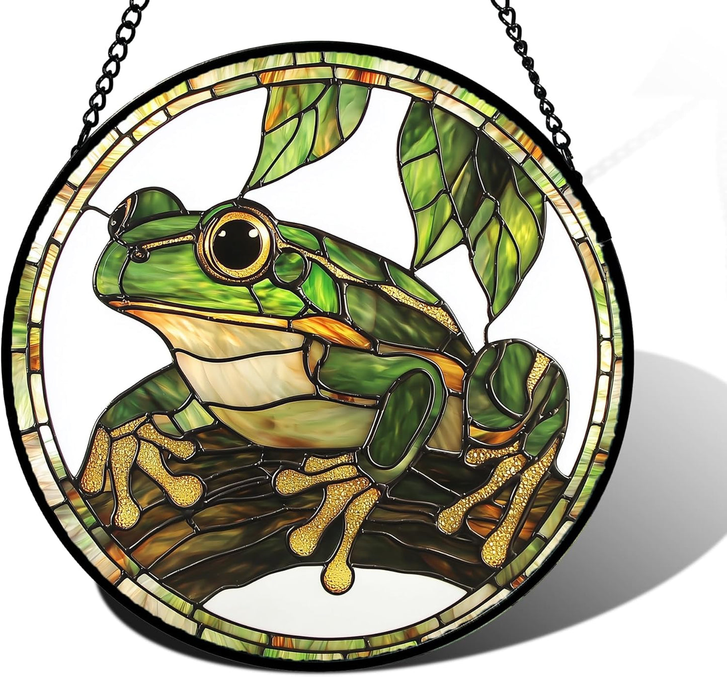 Stained Glass Window Hanging, Frog Green Leaf Sun Catchers Colorful Glass Panel Cool Suncatcher Decor for Birthday for Women, Men, Wife, Aunt, and Mom 6.3 in