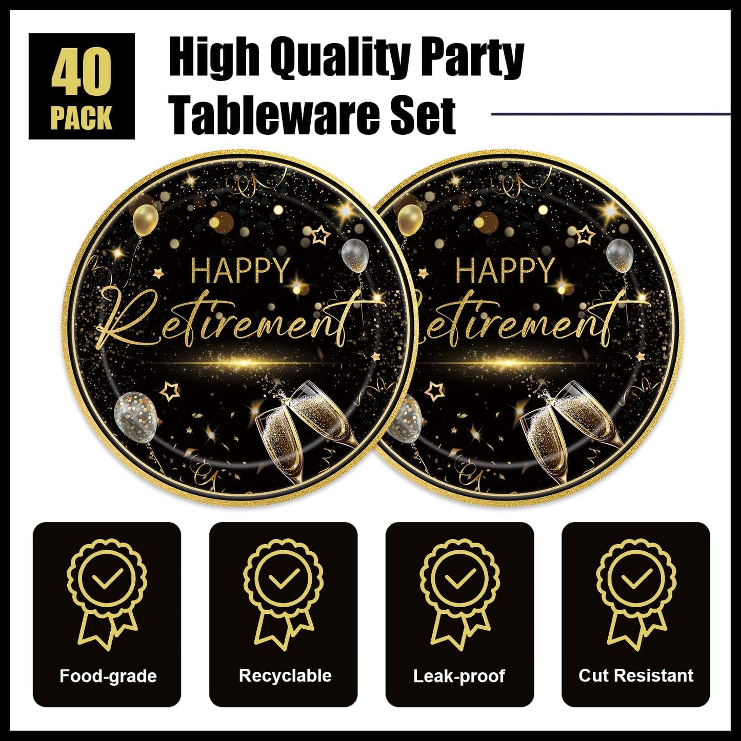 40pcs Happy Retirement Party Supplies Decorations Set, Black Gold Happy Retirement Plates and Napkins for Men and Women, Suitable for 20 Guests