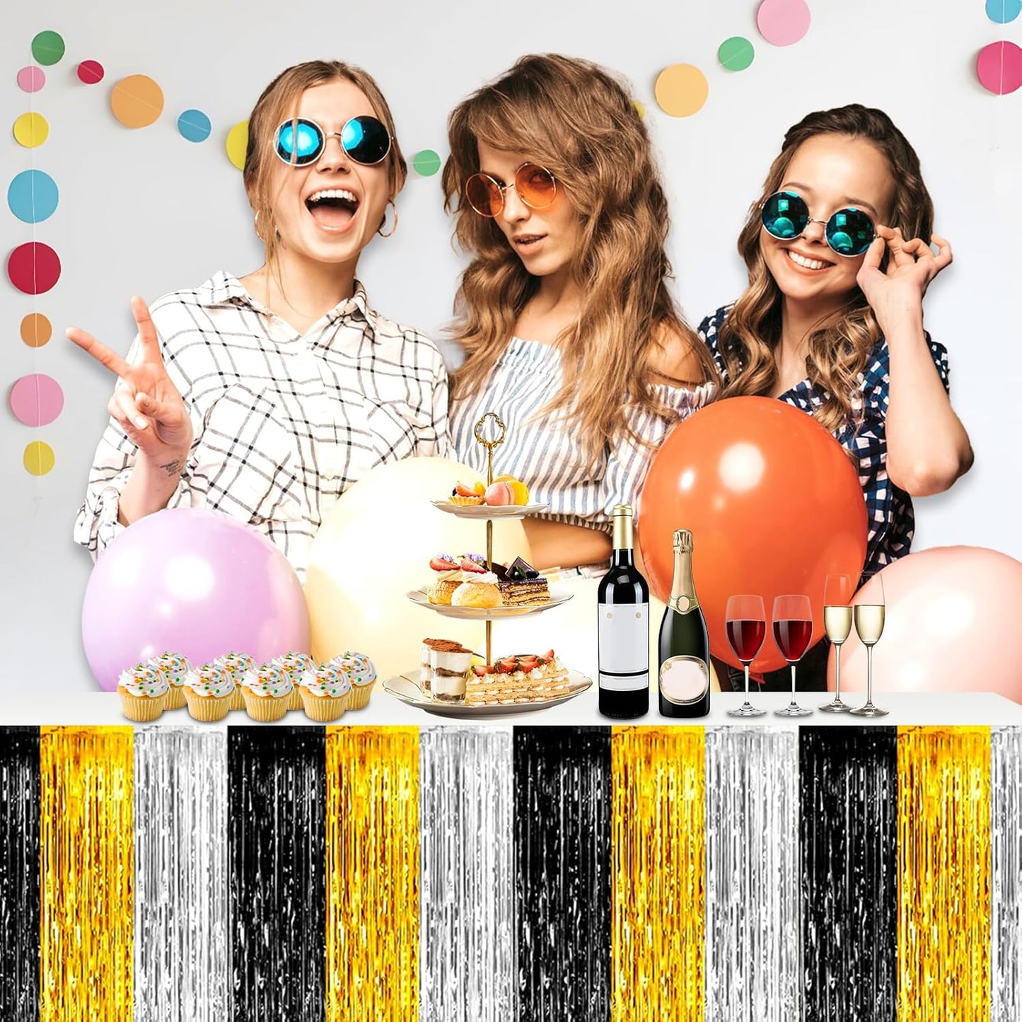 3 Pack 29 x108 Inch Black Gold Silver Foil Fringe Table Skirts Metallic Banner for Tinsel Streamer Garland Backdrop for Parade Floats Wedding Thanksgiving Birthday Christmas Halloween Party Decoration