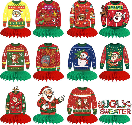 12Pcs Christmas Ugly Sweater Party Decorations Ugly Sweaters Honeycomb Centerpieces Xmas Table Topper Christmas Table Centerpieces for Merry Christmas Winter Holidays Party Supplies