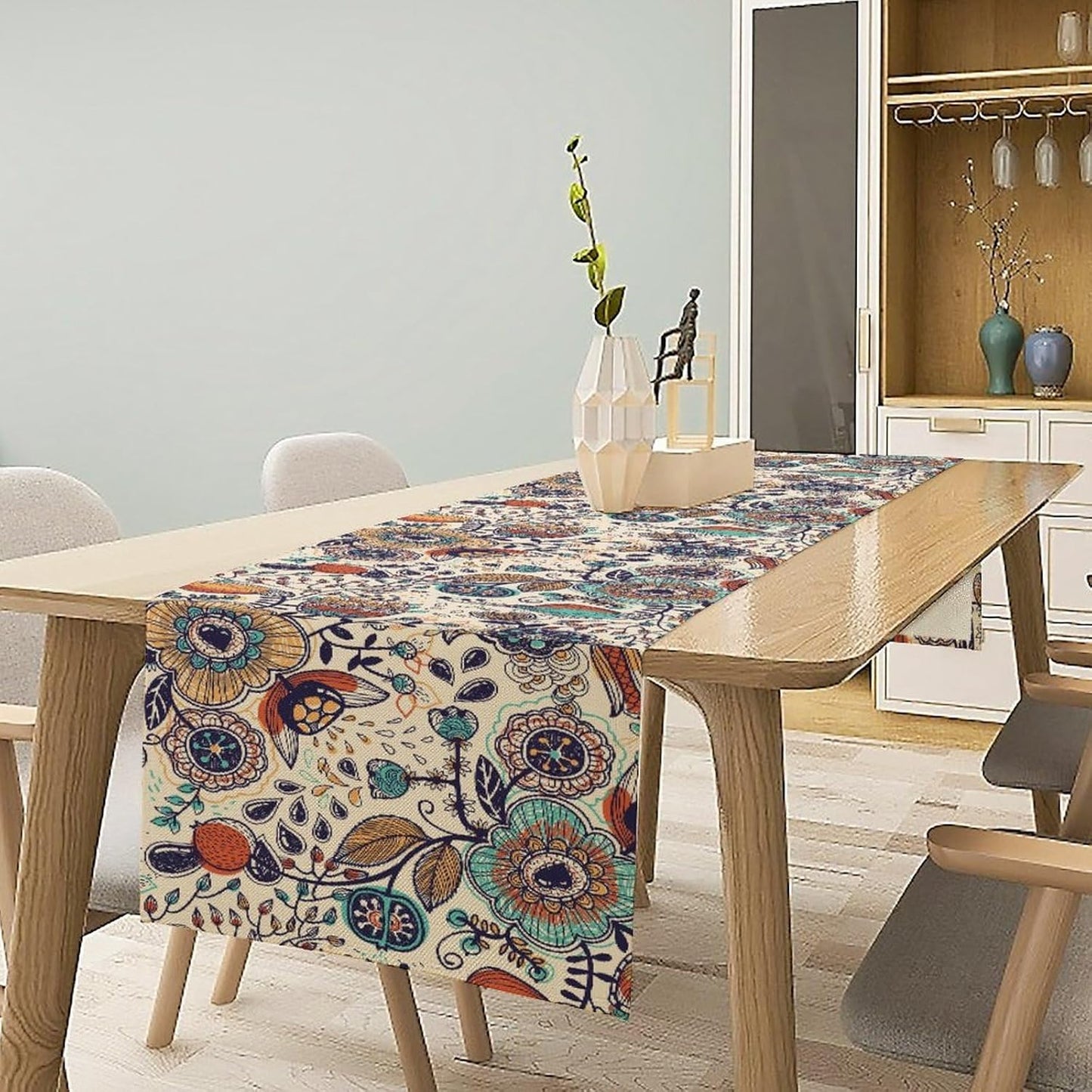 Boho Floral Table Runner,Vintage Flowers Tropical Plants Country Style Table Cloth Kitchen Dining Table Home Party Decoration 13x72 Inch