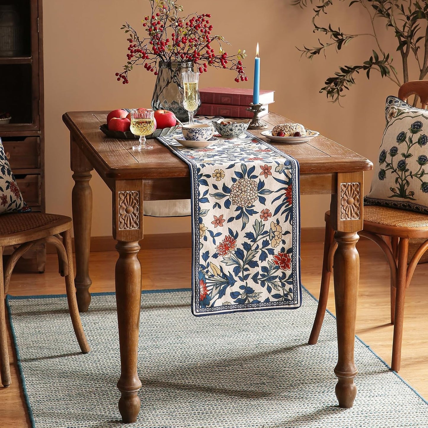 patdrea Designer Blue Cottage Rustic Floral Patterned Extra Long,Wrinkle Resistant Linen Table Runner 118 Inch Long,Decoration for Kitchen Dining and Coffee Tables Banquet Christmas , 12"x118"