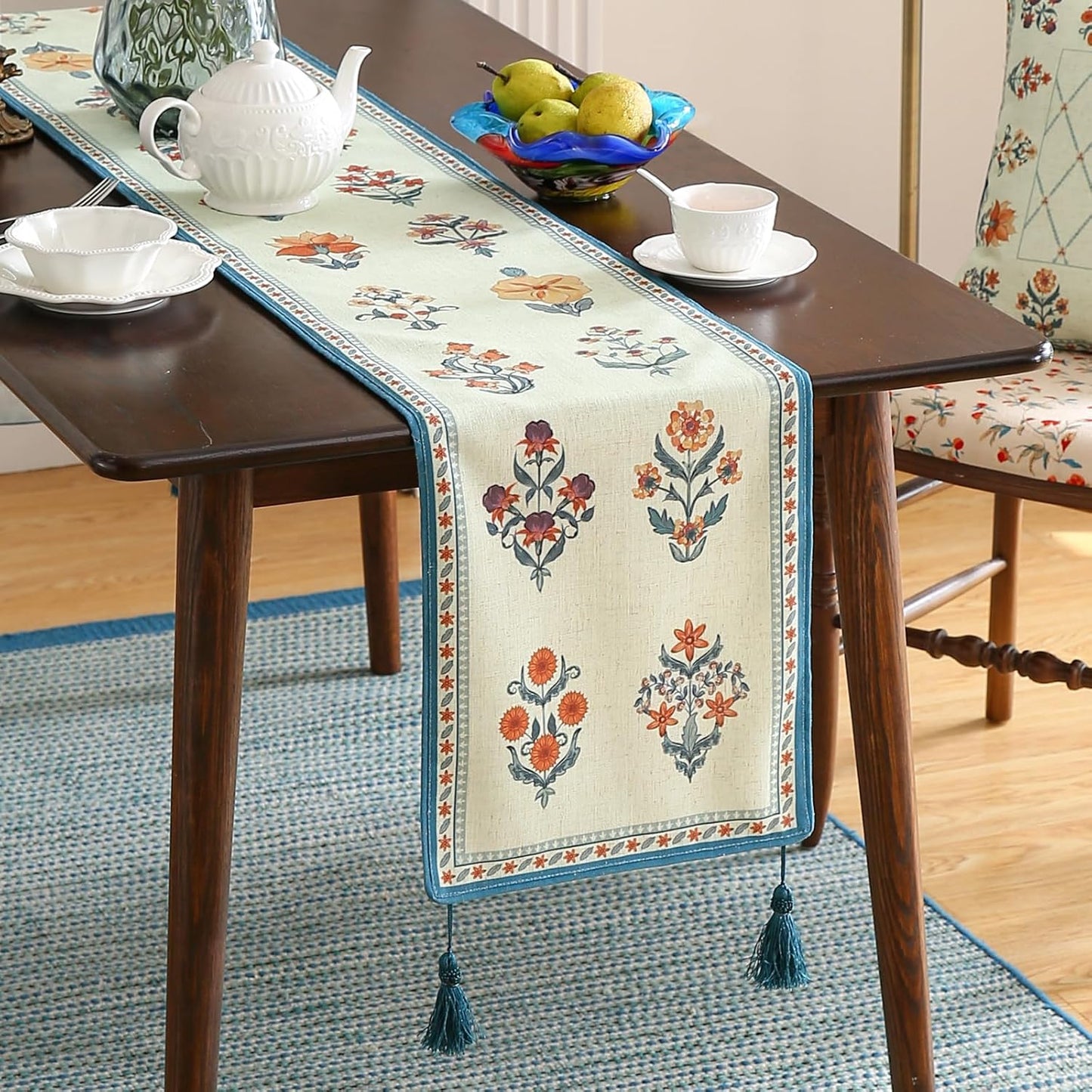 ISAENNE Designer Light Green Linen Table Runner 102 Inches Long,French Floral Patterns Elegant Table Runner for Dining Tables,Thanksgiving,Kitchen Tables,Christmas,12"*102"-Floralsea B