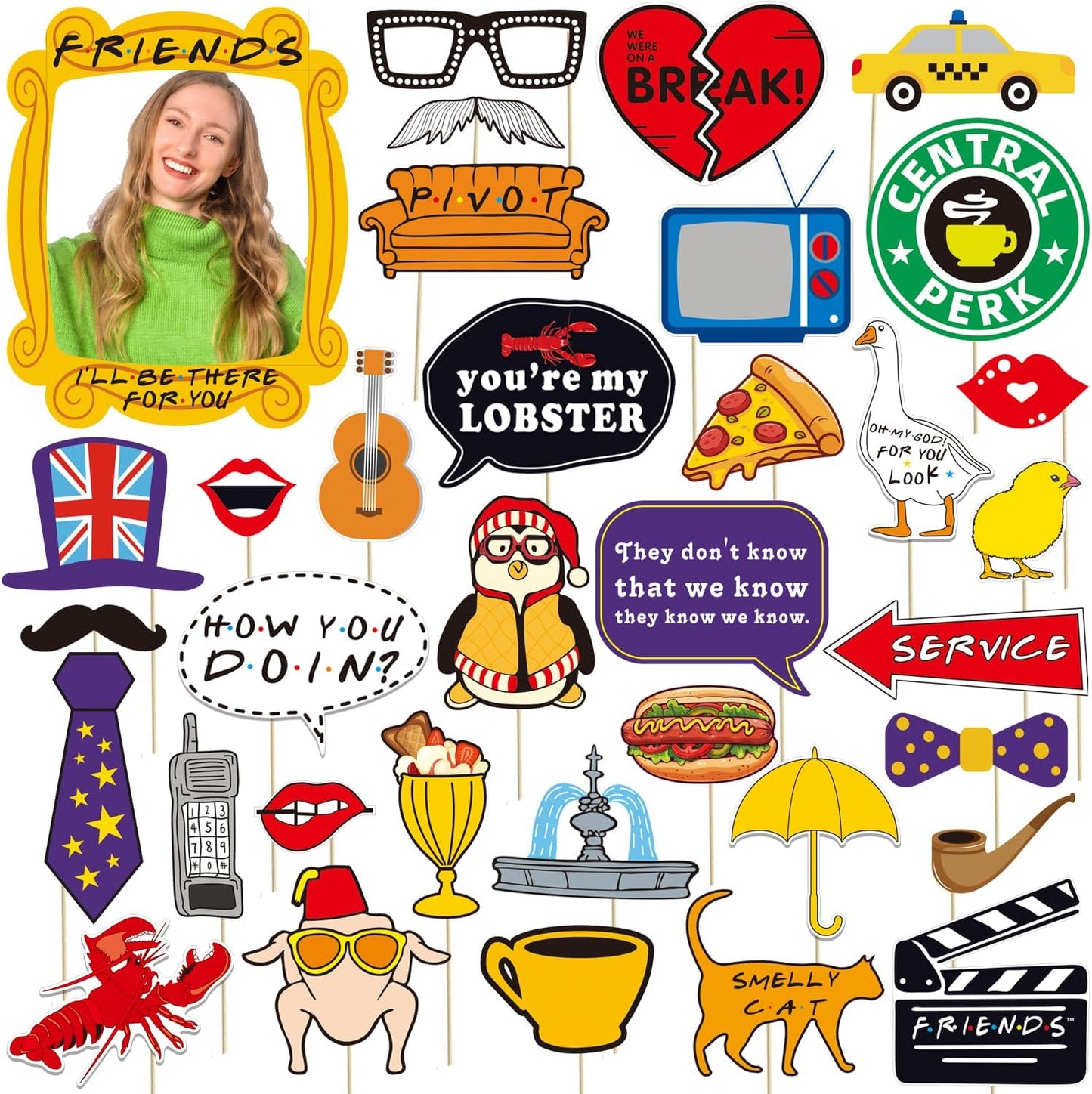 35pcs Friends Themed Party Photo Booth Props, Friends Selfie Frame with Friends TV Show Party Photo Props, Friends Themed Birthday Bachelorette Party Decorations Friends Party Supplies