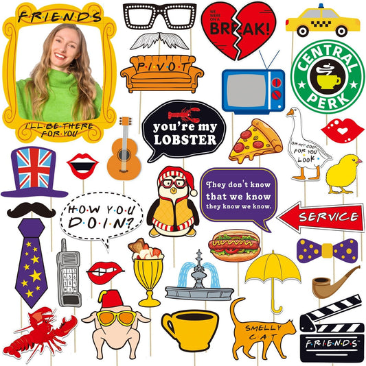 35pcs Friends Themed Party Photo Booth Props, Friends Selfie Frame with Friends TV Show Party Photo Props, Friends Themed Birthday Bachelorette Party Decorations Friends Party Supplies