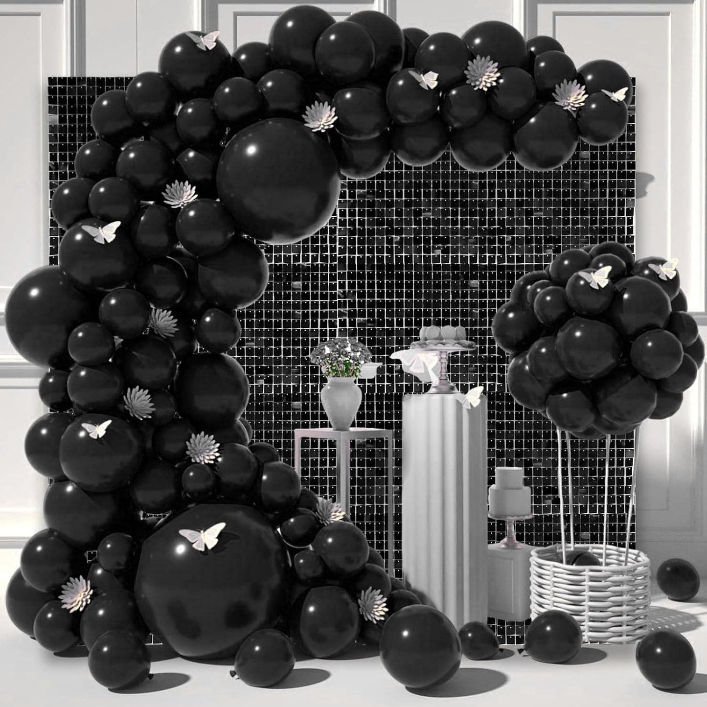 12PCS Black Shimmer Wall Backdrop, Square Sequin Photo Backdrops Panel, Glitter Wall Background for Birthdays, Weddings, Halloween, Engagements, Disco Bachelorette Party Decoration (3FTx4FT)