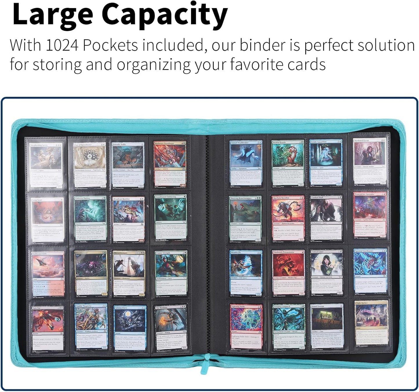 Snekdy premium 1024-pocket trading card binder, 16-pocket cards album, waterproof PU-leather Cover album with side loading, holds gaming, baseball, basketball & sports cards Turquoise