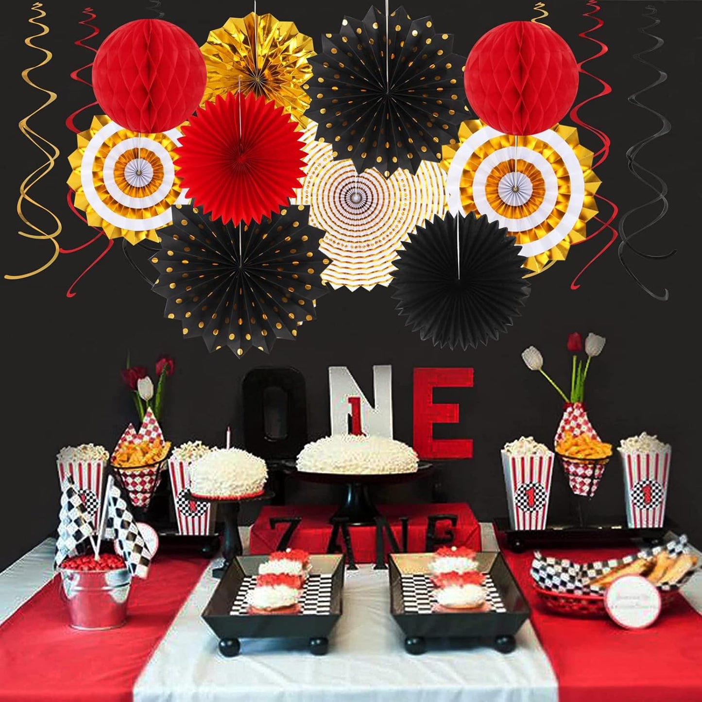 Red Black-Gold Casino Theme Party-Decorations - 33pcs Kits Game Night Graduation Banner, StreamersTassel Garland,Tissue Pom Poms Honeycomb, Paper Lantern Fans,Wedding Birthday Baby Shower Decor Hugtmr