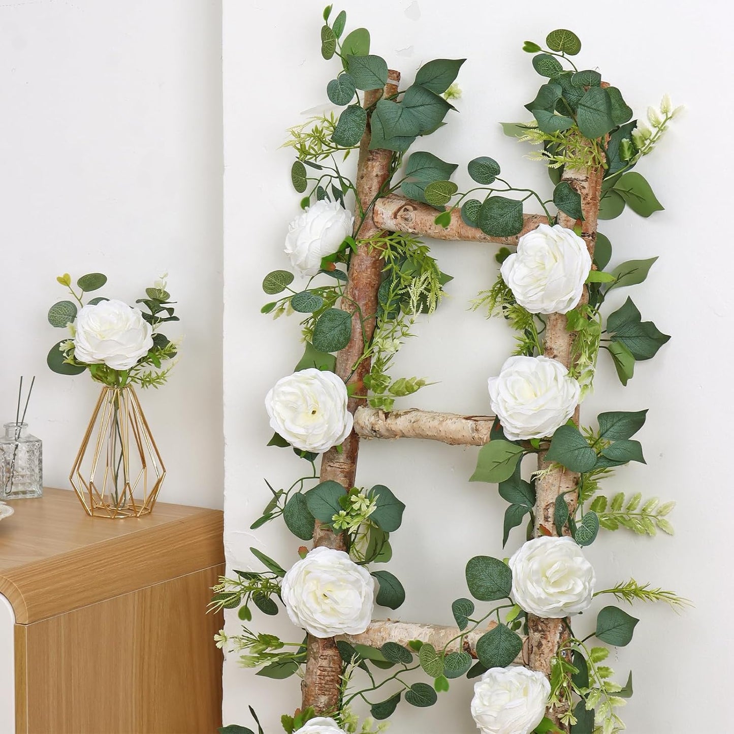 2PCS Artificial Eucalyptus Flowers Garland with White Roses 6.23FT Floral Garland Fake Peony Rose Vines Decorative Wall Hanging Plant for Wedding Party Arch Table Wall Backdrop Decor