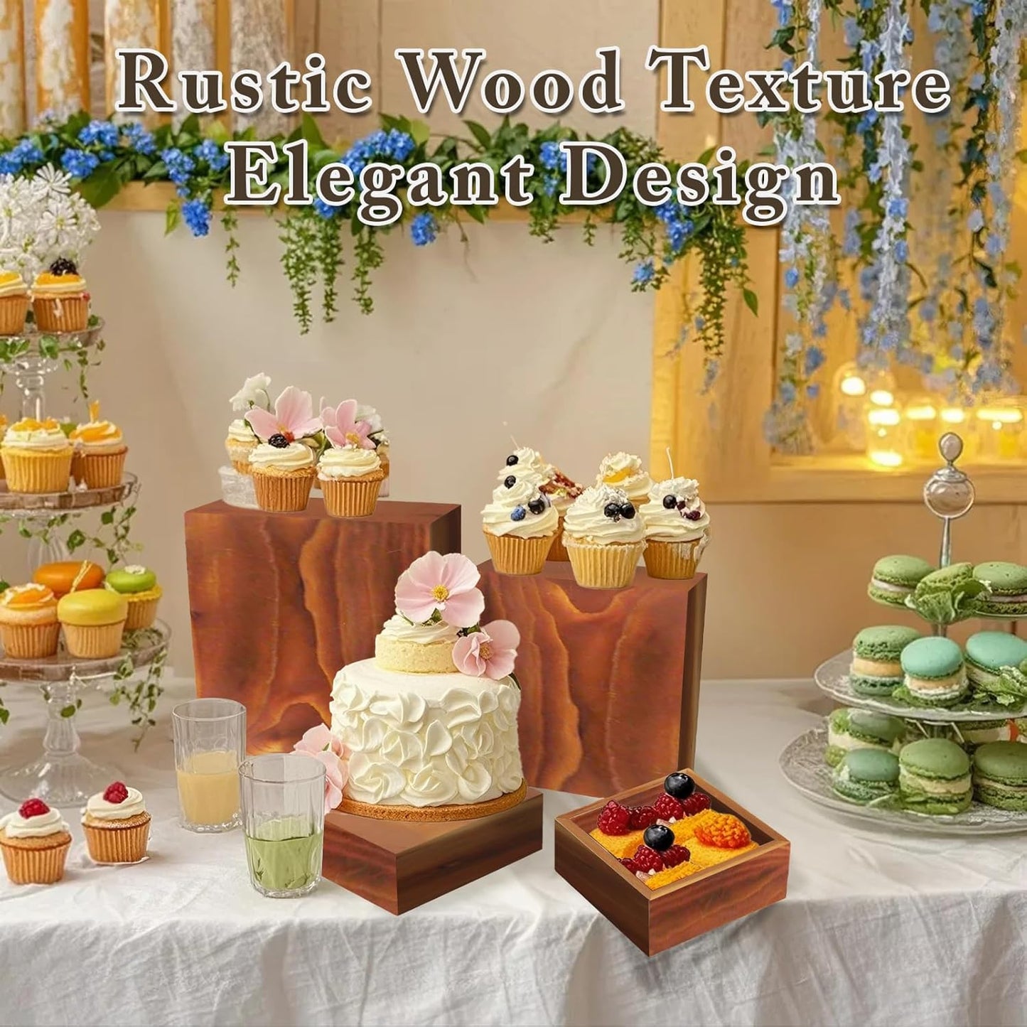 4 Pcs Buffet Risers, Wood Food Riser Dessert Display Stand for Party Wood Cupcake Stands Nesting Box for Display (Burnt)