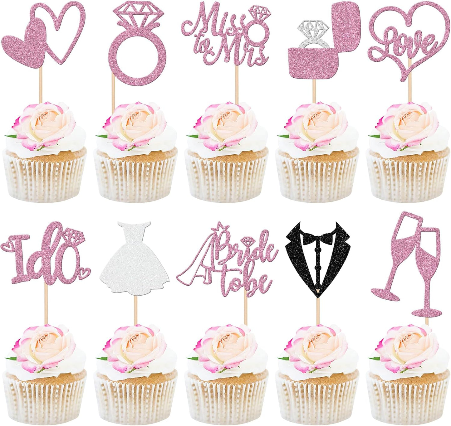 30 PCS Bride to Be Cupcake Toppers Glitter Miss to Mrs I Do Love Heart Ring Cupcake Picks Wedding Bridal Shower Cake Decorations for Wedding Engagement Bachelorette Party Supplies Purple