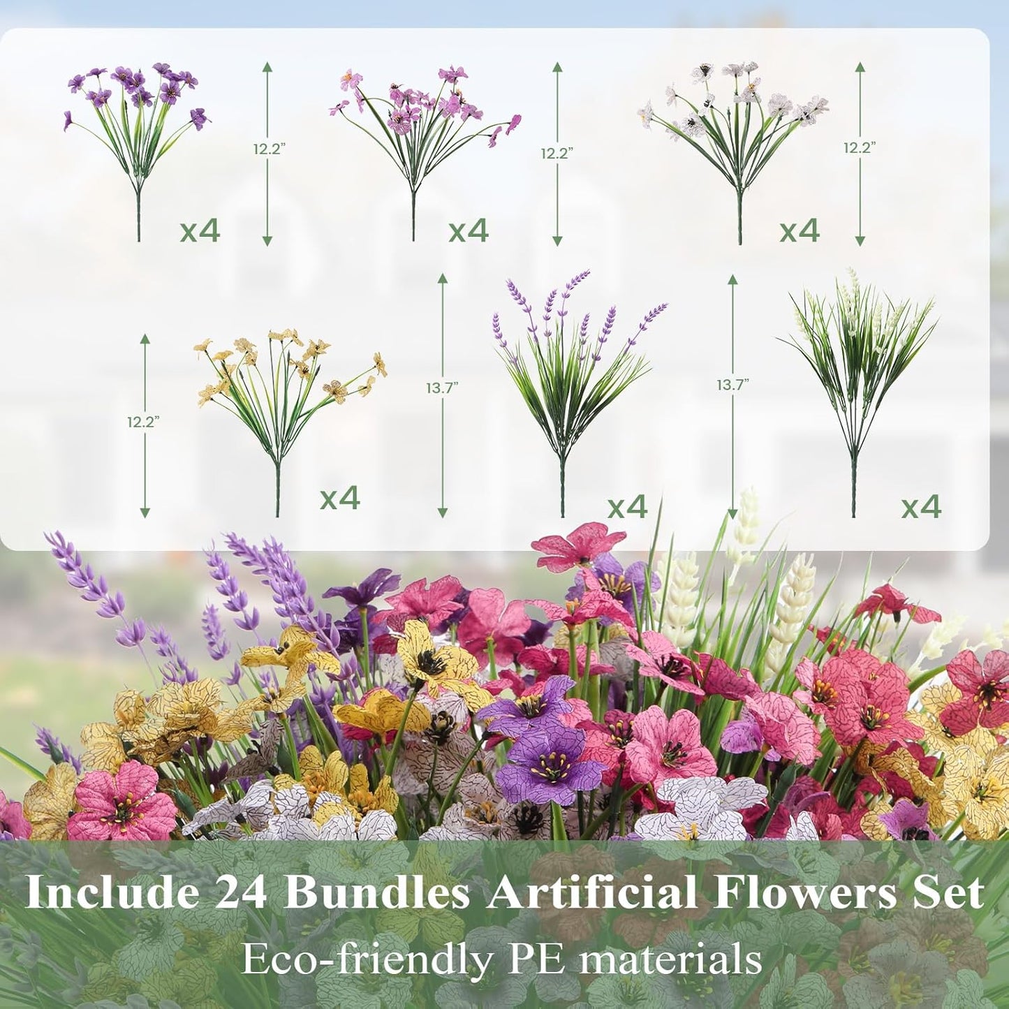 Artificial Flowers for Outdoors 24 Bundles, UV Resistant Colorful Fake Silk Flower Outdoor Planter Garden Decor Indoor Decorations