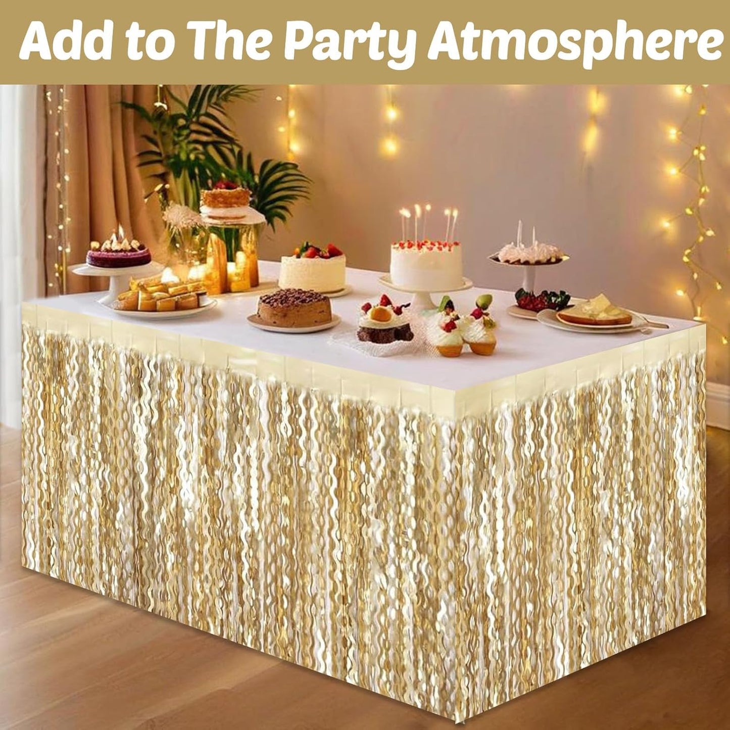 6 Pack 29x108 Inch Champagne Gold Wave Foil Fringe Table Skirts Metallic Banner for Tinsel Streamer Garland Backdrop for Parade Floats Wedding, Mother's Day, Birthday Mardi Gras Party Decorations