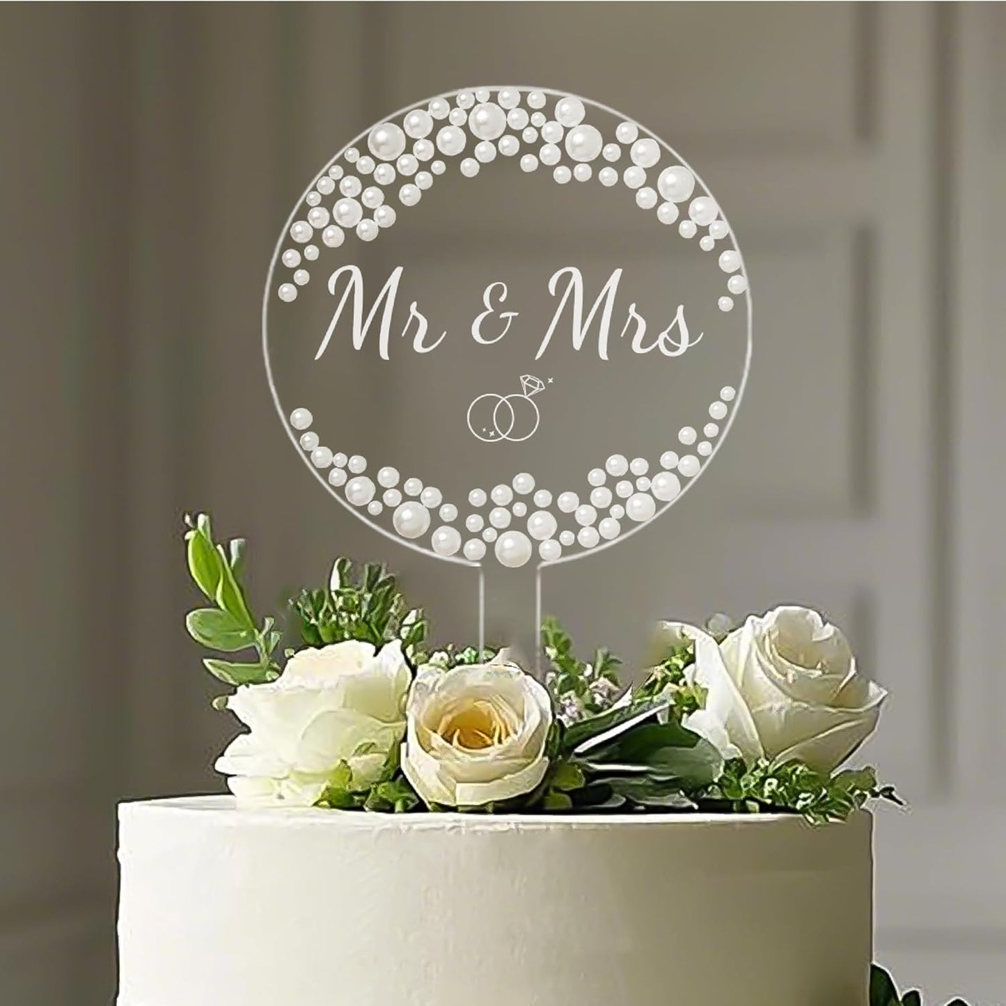 Coucoland Mr and Mrs Cake Topper - Round Acrylic Wedding Cake Decor with Elegant Pearls for Engagement Bridal Anniversary