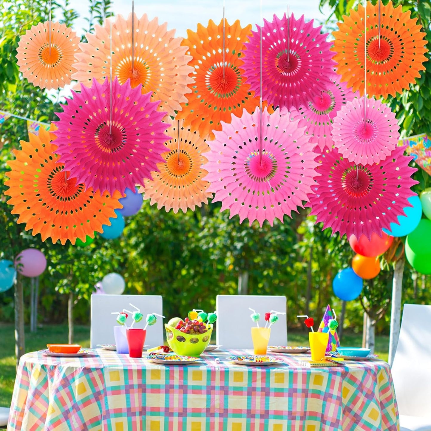 Outus 12 Pcs Hanging Honeycomb Paper Fans Sets, Fiesta Pink and Orange Party Decorations, Tissue Paper Flowers Supplies for Birthday Wall Classroom Wedding Bridal Photo Backdrop (14/10/6 Inch)