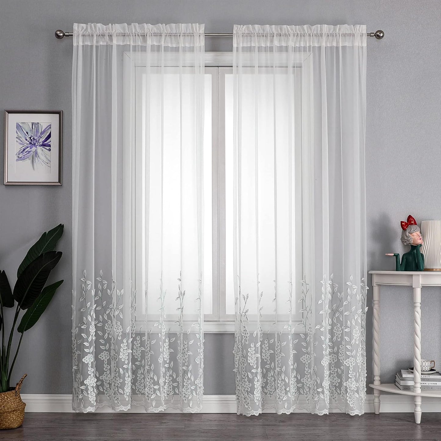 VISIONTEX White Sheer Voile Curtains, Decorative White Embossed Leaves Rod Pocket Window Drapes for Home Kitchen, Living Room and Bedroom 54 x 84 Inch, Set of 2 Curtain Panels