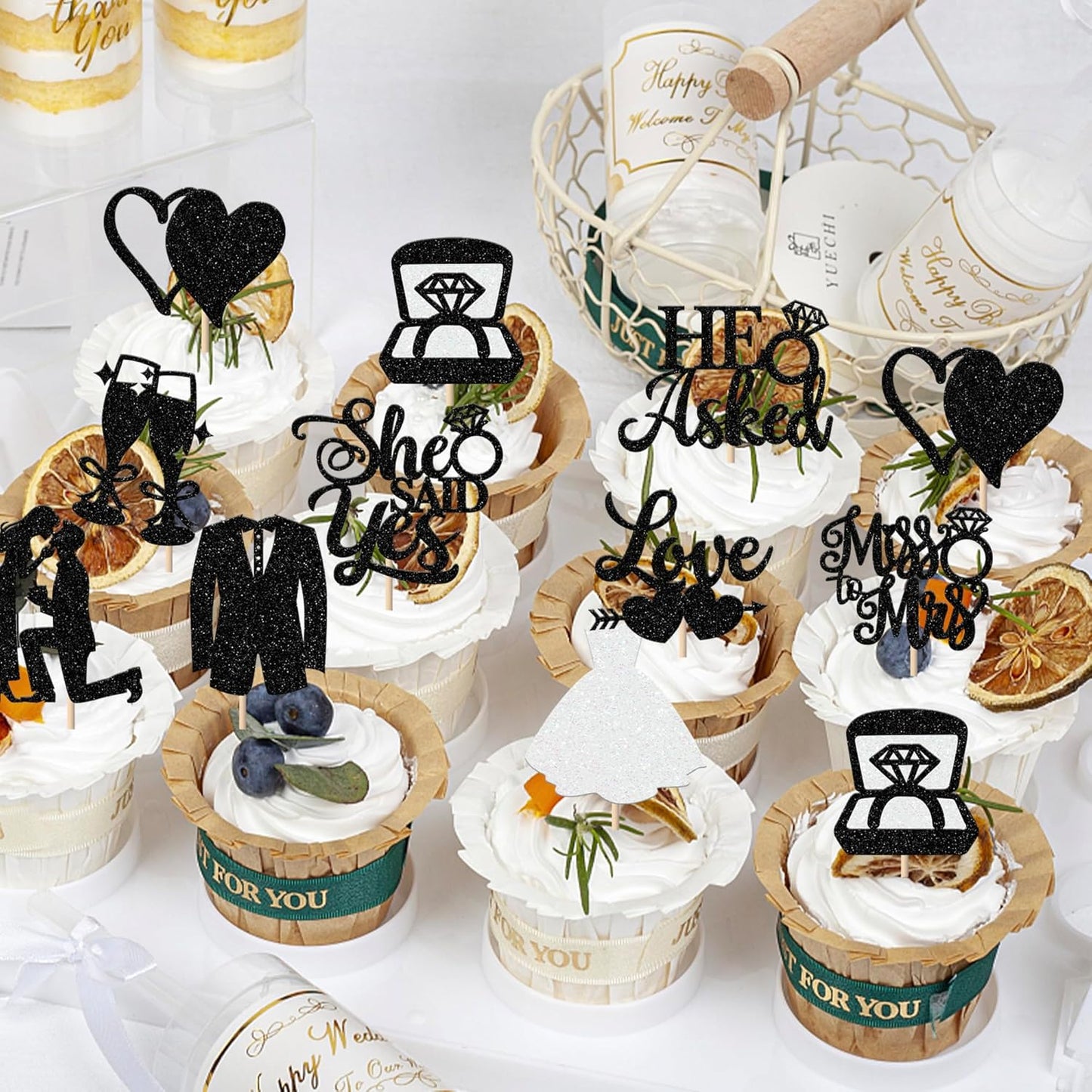 30 Pack Bride to be Cupcake Toppers Glitter Diamond Ring Love I Do Cupcake Picks Miss to Mrs He Asked She Said Yes Bridal Shower Wedding Engagement Bachelorette Cake Decorations Party Black