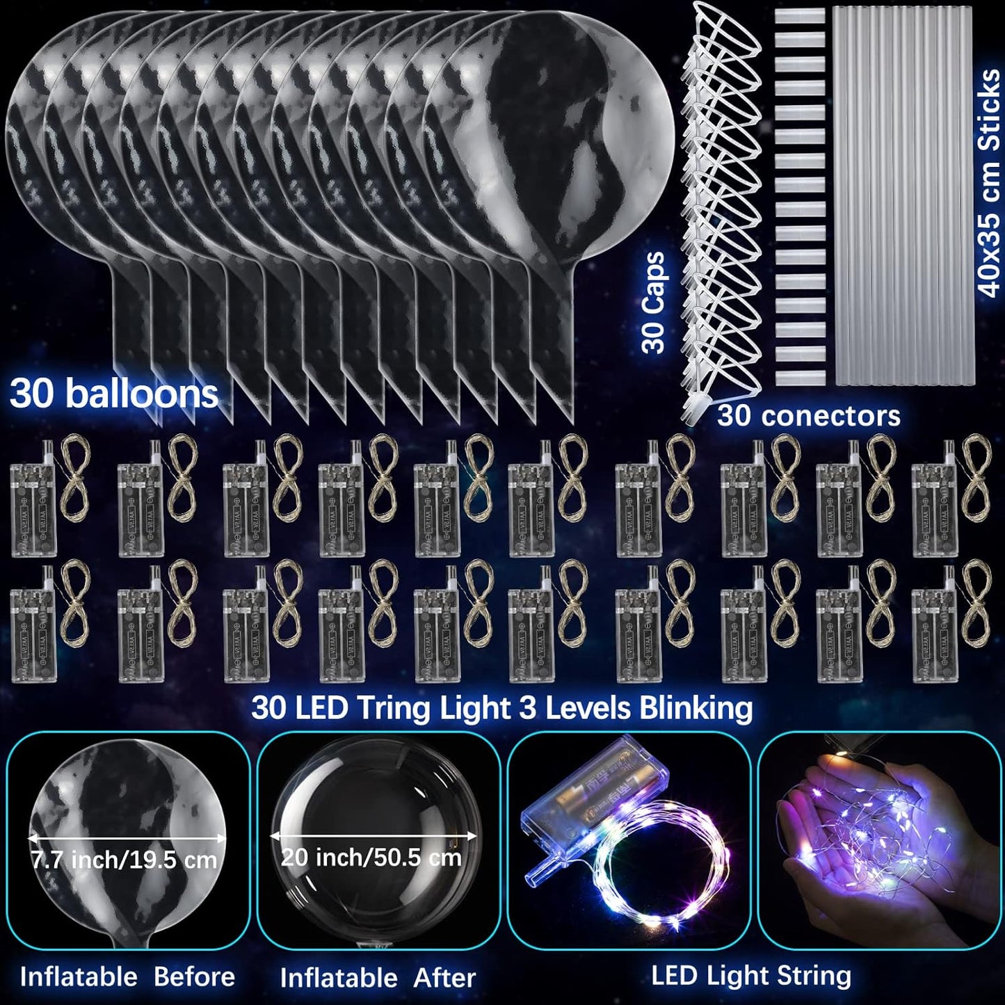 Vinsot 30 Pack LED Bobo Balloons Light Up Balloons Clear Helium Bubble Bobo Glow with String Lights for Parties Birthday Wedding Decoration(Multi Color Light)