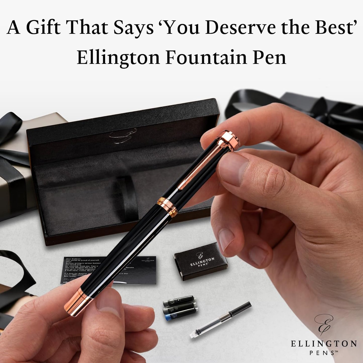 Ellington Pens Luxury Fountain Pen Set- Fountain Pens for Writing - Smooth Medium Nib - Includes Refillable Ink Converter, 3 Ink Cartridges [Black & Blue], Gift Box - Elegant Calligraphy