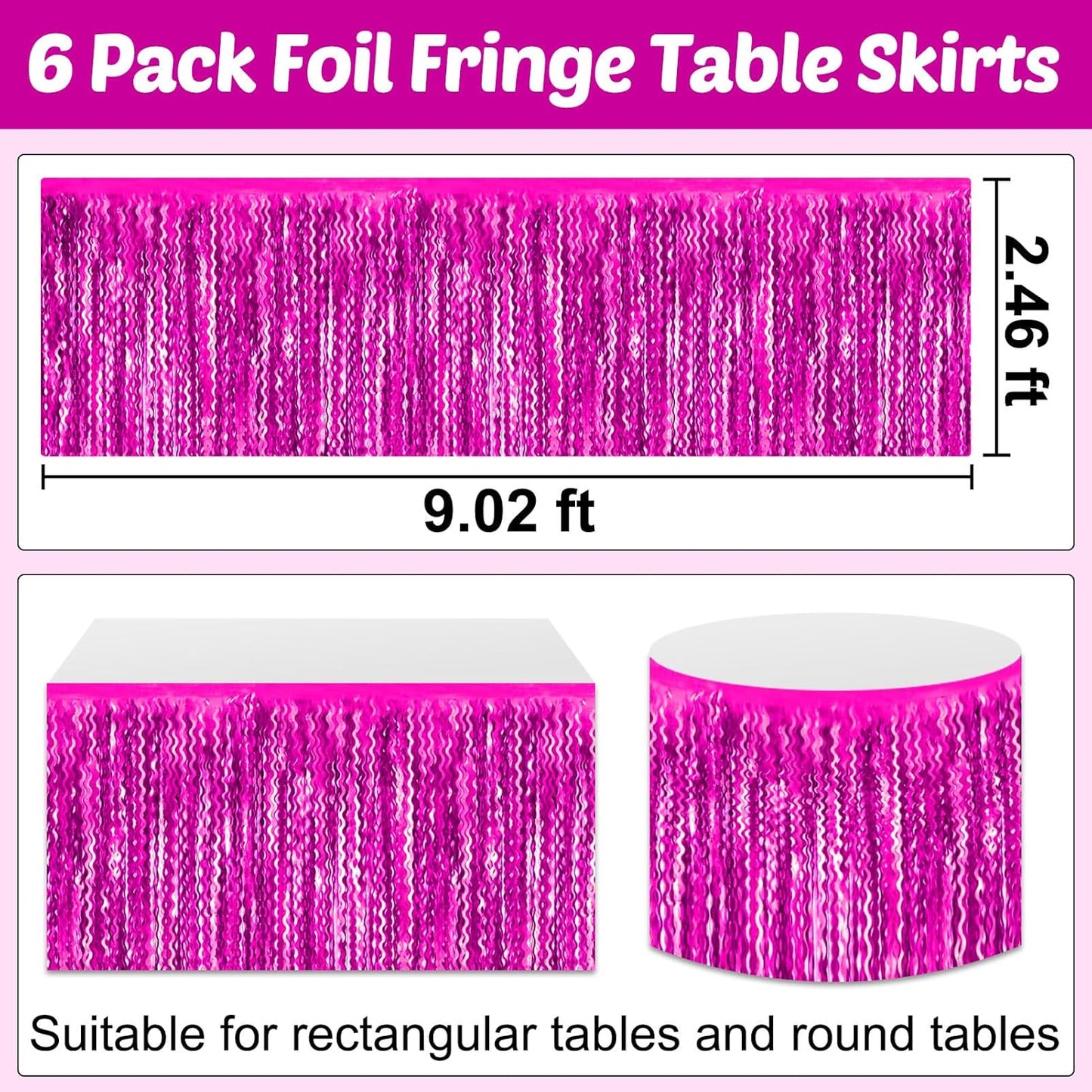 6 Pack 29x108 Inch Rose Red Wave Foil Fringe Table Skirts Metallic Banner for Tinsel Streamer Garland Backdrop for Parade Floats Wedding, Mother's Day, Birthday Mardi Gras Party Decorations