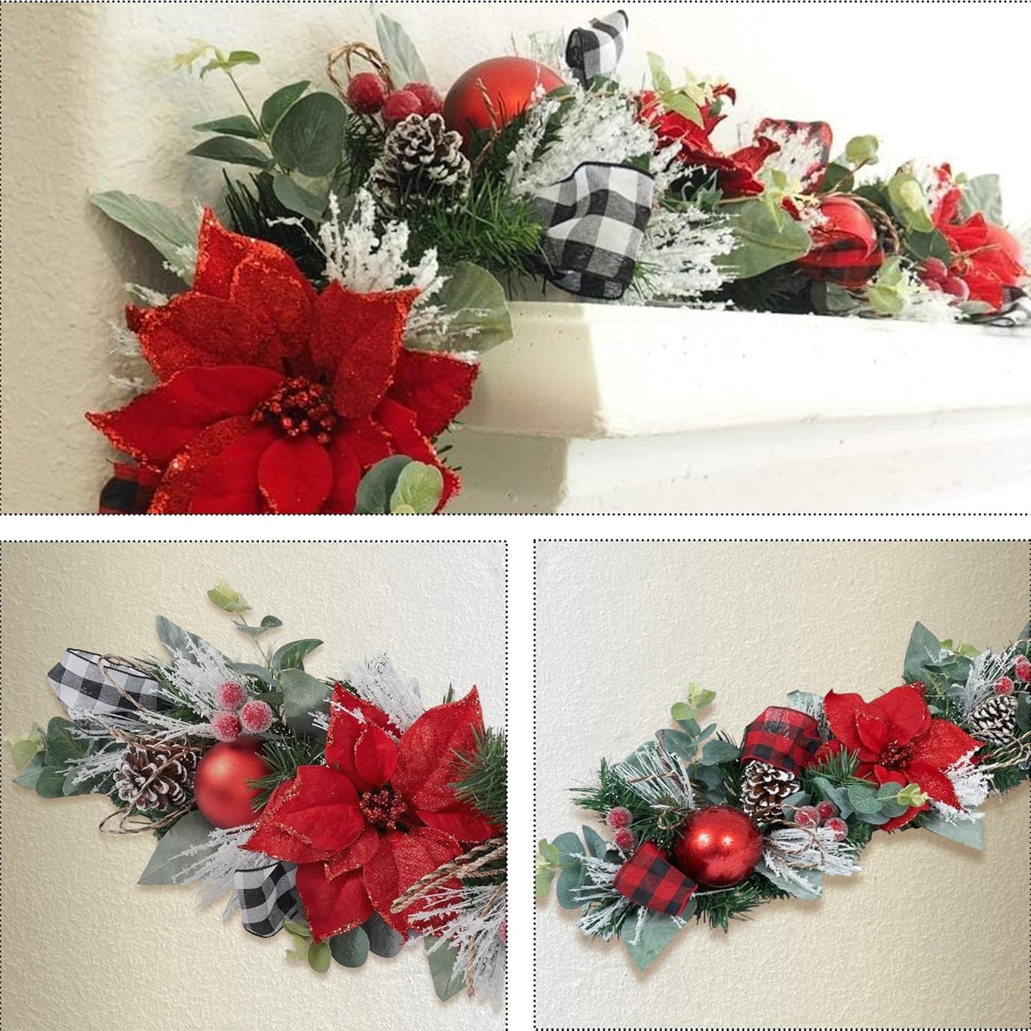 5 ft Christmas Garland for Mantle Unlit Garland for Stairs Railing, Banister, Staircase, Fireplace, for Table No Light, Garland Decor Frosted Red Poinsettia Holiday Tree (Glittery Red Poinsettia)