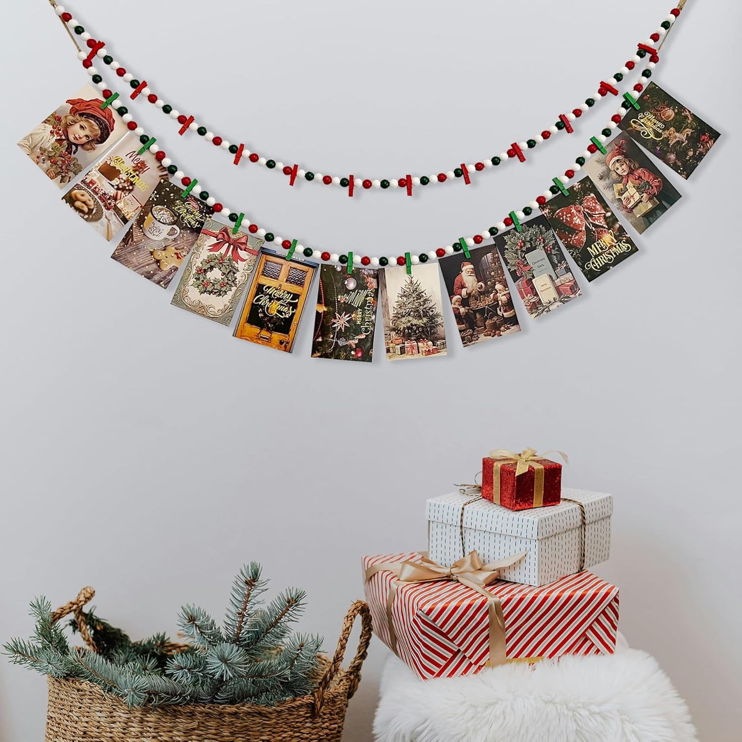 2PCS Christmas Hanging Photo Display with 12 Clips, Wooden Bead Garland, Photo Frame Decoration for Dorms, Classrooms, Bedrooms, Hanging Display Card Holder