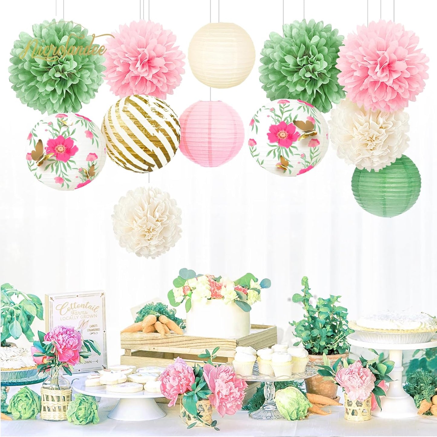 NICROLANDEE Wedding Party Decorations, 12 PCS Green Pink Blooms Paper Lanterns Tissue Pom Poms for Fairy Birthday Party Decorations, Foil Gold Butterfly Baby Bridal Shower Spring Easter Party Decor