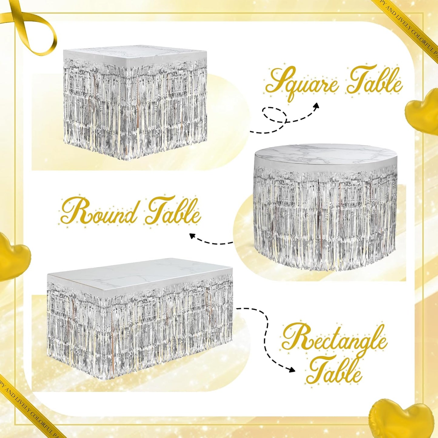 2 Pack Silver Table Skirts, 29x108" Metallic Foil Tinsel Fringe Table Skirts for Rectangle Tables Streamer Curtains Backdrop, Party Decorations for Birthdays Weddings Holidays