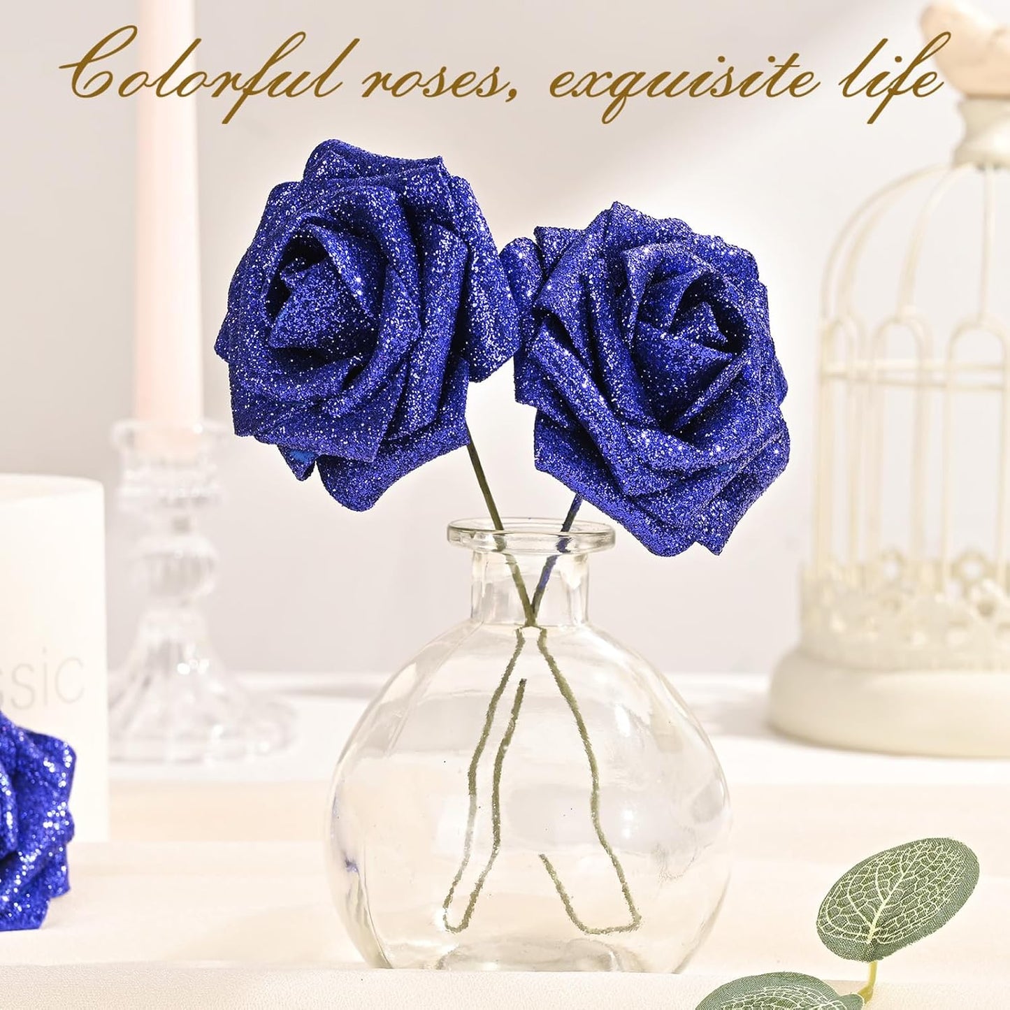 BLEUM CADE 16Pcs Artificial Flowers Fake Roses with Stems, Blue Glitter Boxed Foam Roses for DIY Bouquets Centerpieces Wedding Party Arrangement Bridal Shower Decor