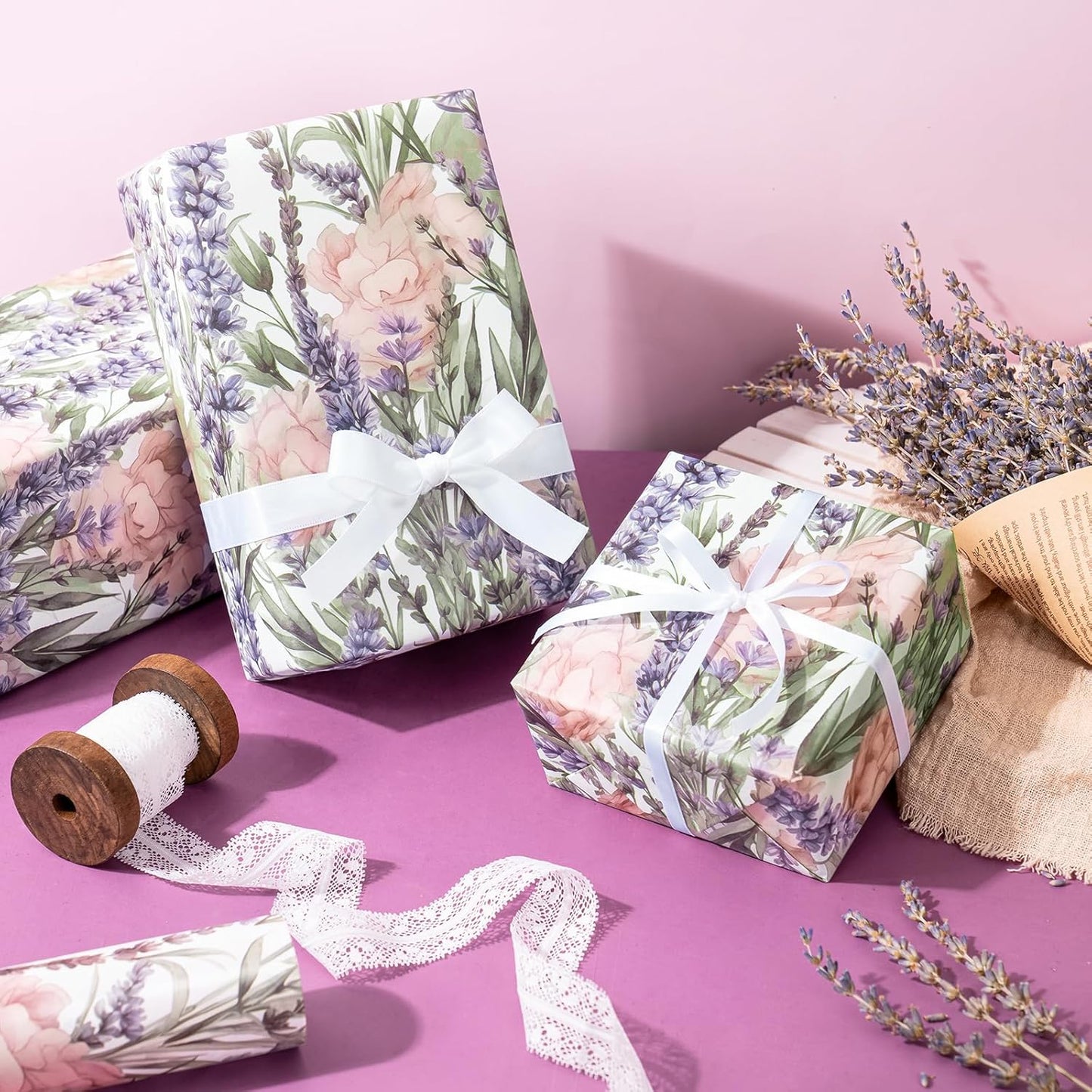 WRAPAHOLIC Floral Wrapping Paper Roll - Mini Roll - 17 Inch x 9.8 Feet - Lavender Flower Wrapping Paper, Perfect for Girls Women Birthday, Wedding, Bridal Shower