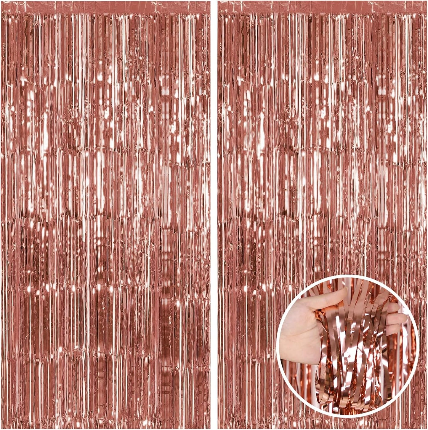 CANREVEL 2 Pack 3.3x8.2 Feet Rose Gold Foil Fringe Backdrop Curtains, Tinsel Streamers Birthday Party Decorations, Fringe Backdrop for Bachelorette Party Bride to Be Birthday Girls Streamers Party