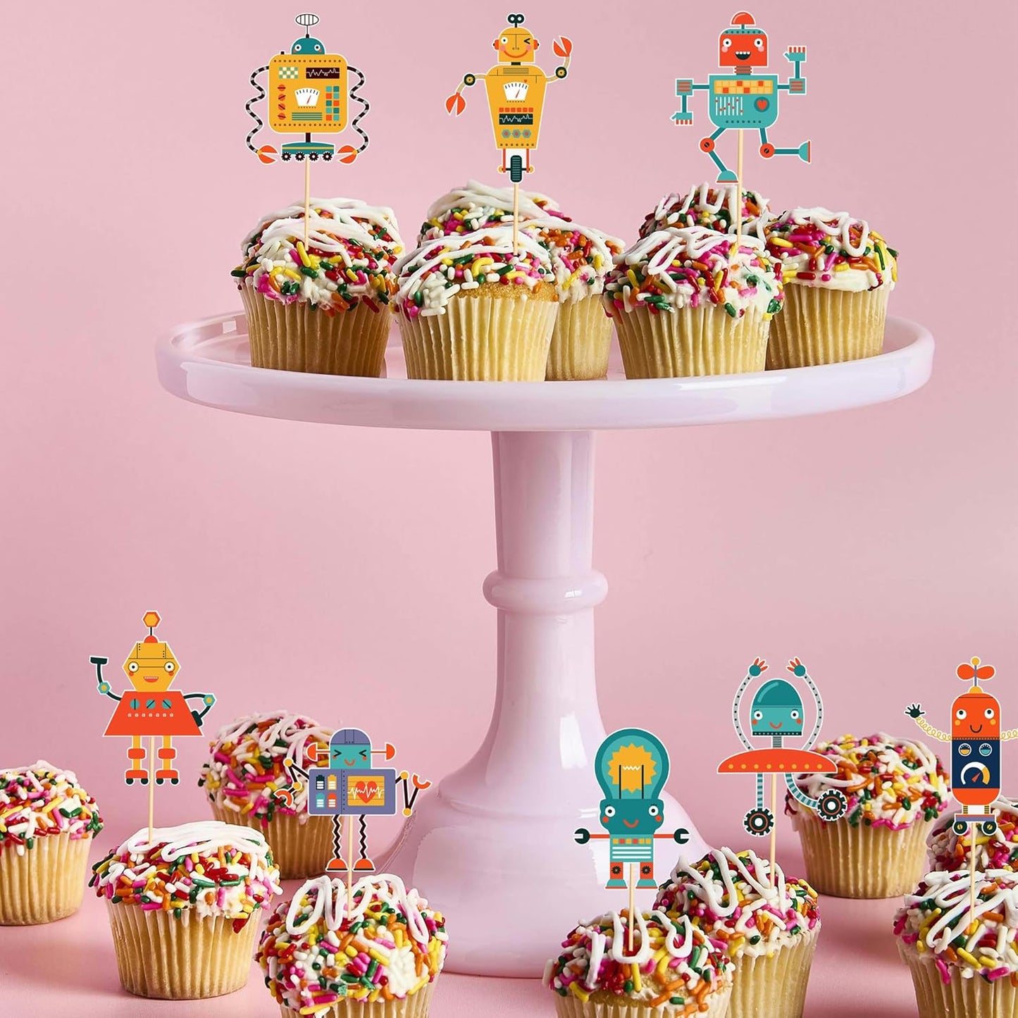 24pcs Robot Cupcake Toppers Robot Cake Decorations for Robot Birthday Party Decorations Birthday for Boys Gear Robot Baby Shower Supplies
