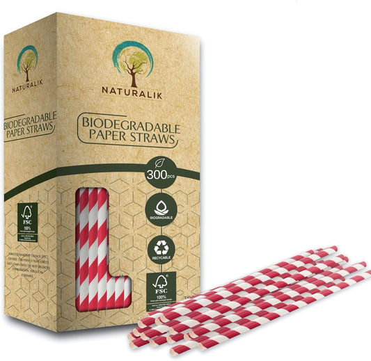 300 Pack Extra Durable Red Paper Straws Biodegradable- Heavy Duty Eco-Friendly Paper Straws Bulk- Drinking Straws for Juices, Restaurants and Party supplies, 7.7" (Red, 300ct)
