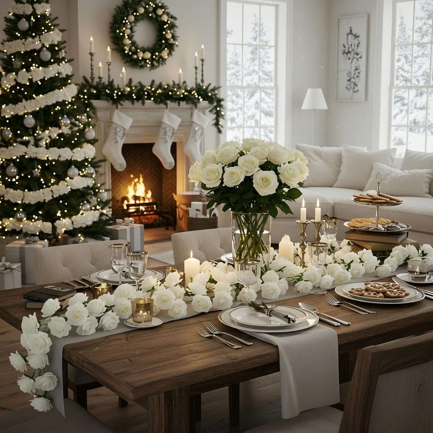 2 Pcs White Artificial Rose Vine Hanging Fake Flowers Garland for Wedding Anniversary Birthday Party Background Arch Garden Home Wall Room Decor