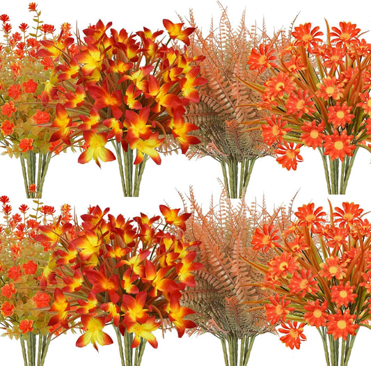16Pcs Artificial Fall Flowers Outdoor Fake Fall Plants UV Resistant Autumn Greenery Plastic Flowers Shrubs for Outside Porch Patio Garden Boxwood Thanksgiving Decor