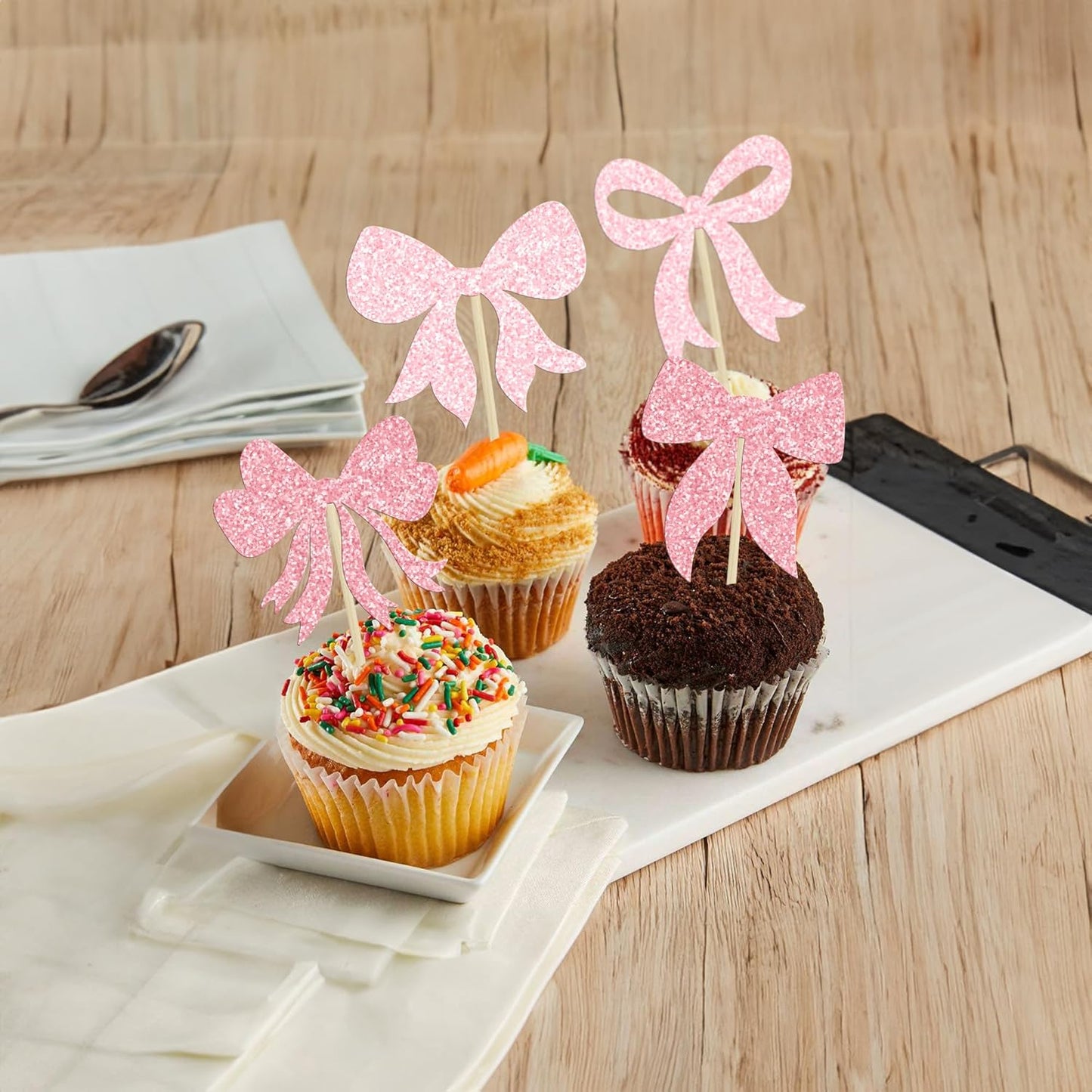 Gyufise 36Pcs Bow Cupcake Toppers Glitter Bowknot Cupcake Picks Bow Tie Birthday Decorations Princess Bow Cupcake Decorations for Bowknot Theme Baby Shower Birthday Party Supplies Multi Pink