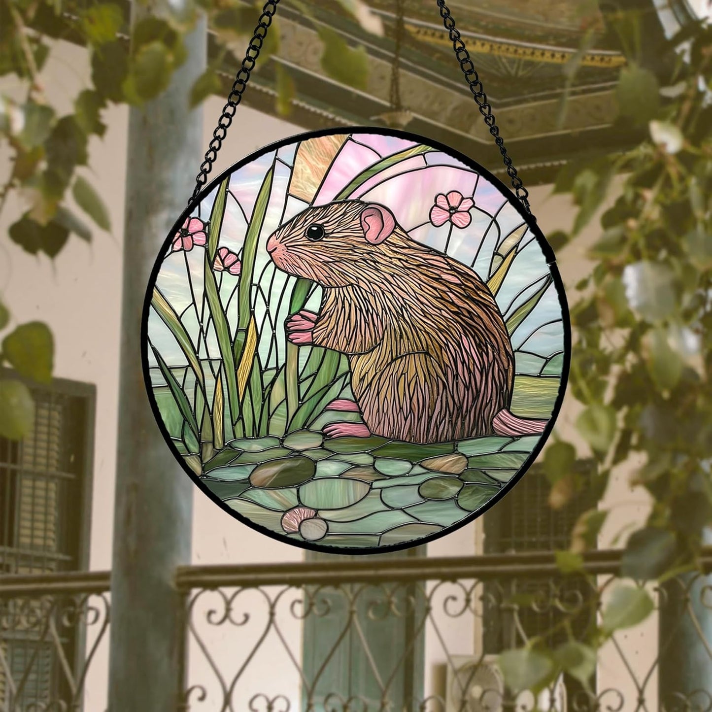 Stained Glass Window Hanging 4 Pcs Set Cute Animal Large 15"- Green Plant Pink Suncatcher Door Garden Sun Catcher Decor Birthday Christmas for Mom Woman Nana Men Friend