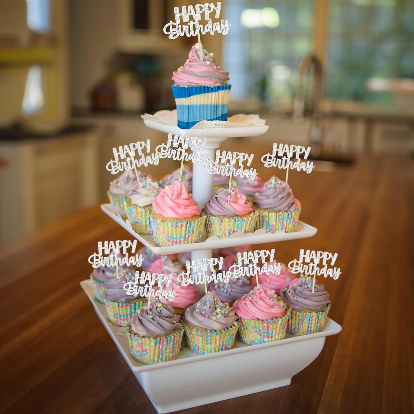 Gyufise 24Pcs Happy Birthday Cupcake Toppers Silver Glitter Birthday Cake Decorations Picks for Celebrating Birthday Party Decorations Supplies