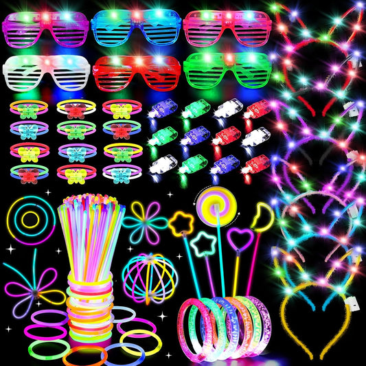 156PCS Glow in The Dark Party Supplies for Kids 8-12, Light Up Glasses Headband Rings Halloween Party Favor Adult, 100 Glow Sticks Bulk Party Pack DIY Necklaces Bracelets Neon Camping Pool Decorations