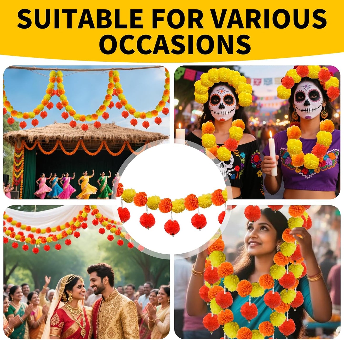 5 Pcs Diwali Artificial Marigold Garland with Pearls Decor, 4.5 Feet Artificial Marigold Flowers for Indian Pooja Diwali Home Mantle Decor Long Strands for All Year Decoration (Yellow＆Orange&Red)