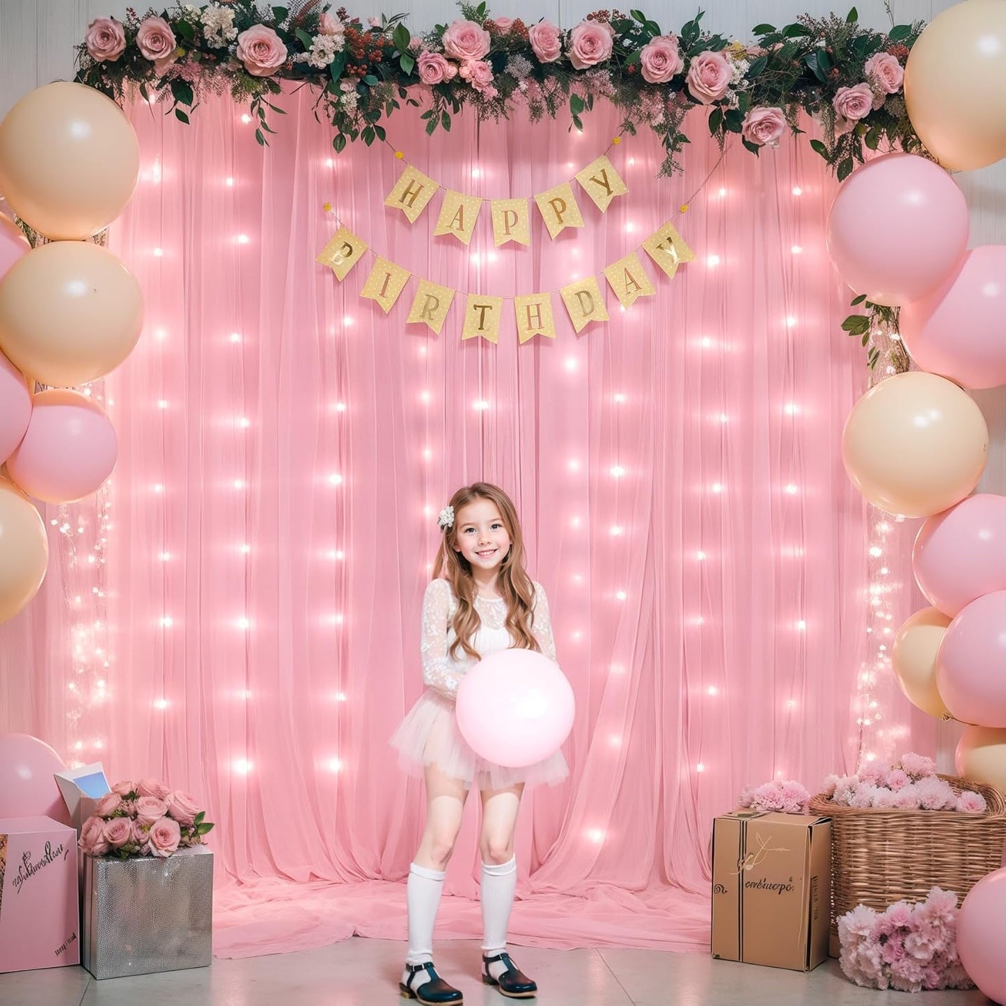 Sheer Backdrop Curtains with Lights String for Weddings Baby Showers, 20x8ft Sheer Tulle Photo Backdrop Curtains for Birthday Party Photography Background Decoration, Pink