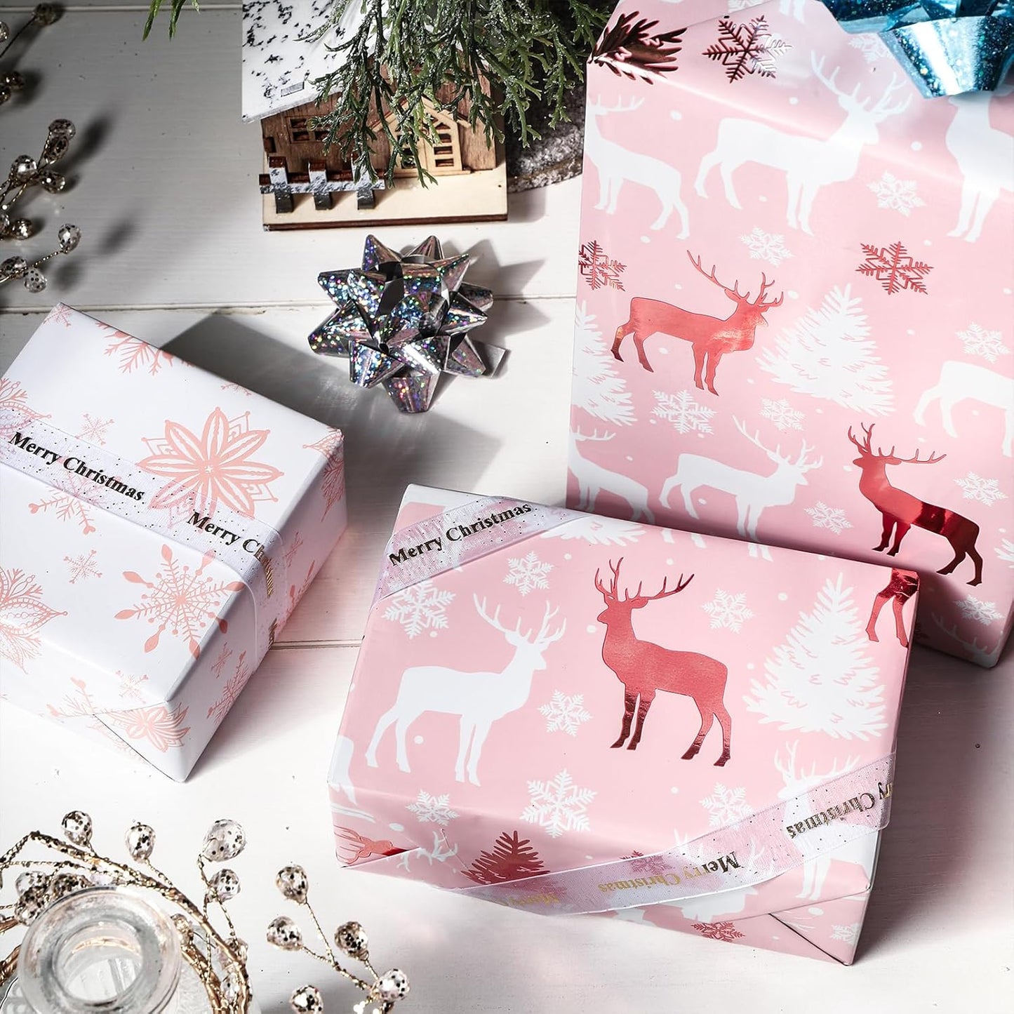 LeZakaa Christmas Pink Wrapping Paper Mini Roll, Reindeer & Snowflake, Metallic Foil, Rose Gold Foil Reversible Design for Festive Winter Holiday, Family Gathering, 17 inches x 32.8 Feet