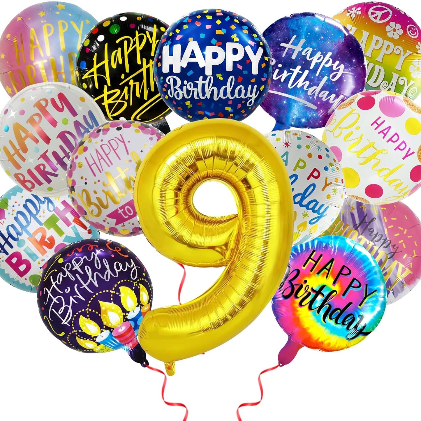 50 Pcs Happy Birthday Party Aluminum Foil Balloons and 9th Balloons, 18 Inch Round Aluminum Foil Balloon with" Happy Birthday" Sign, Birthday Party Decorations for Boys/Girls (Yellow, 9)