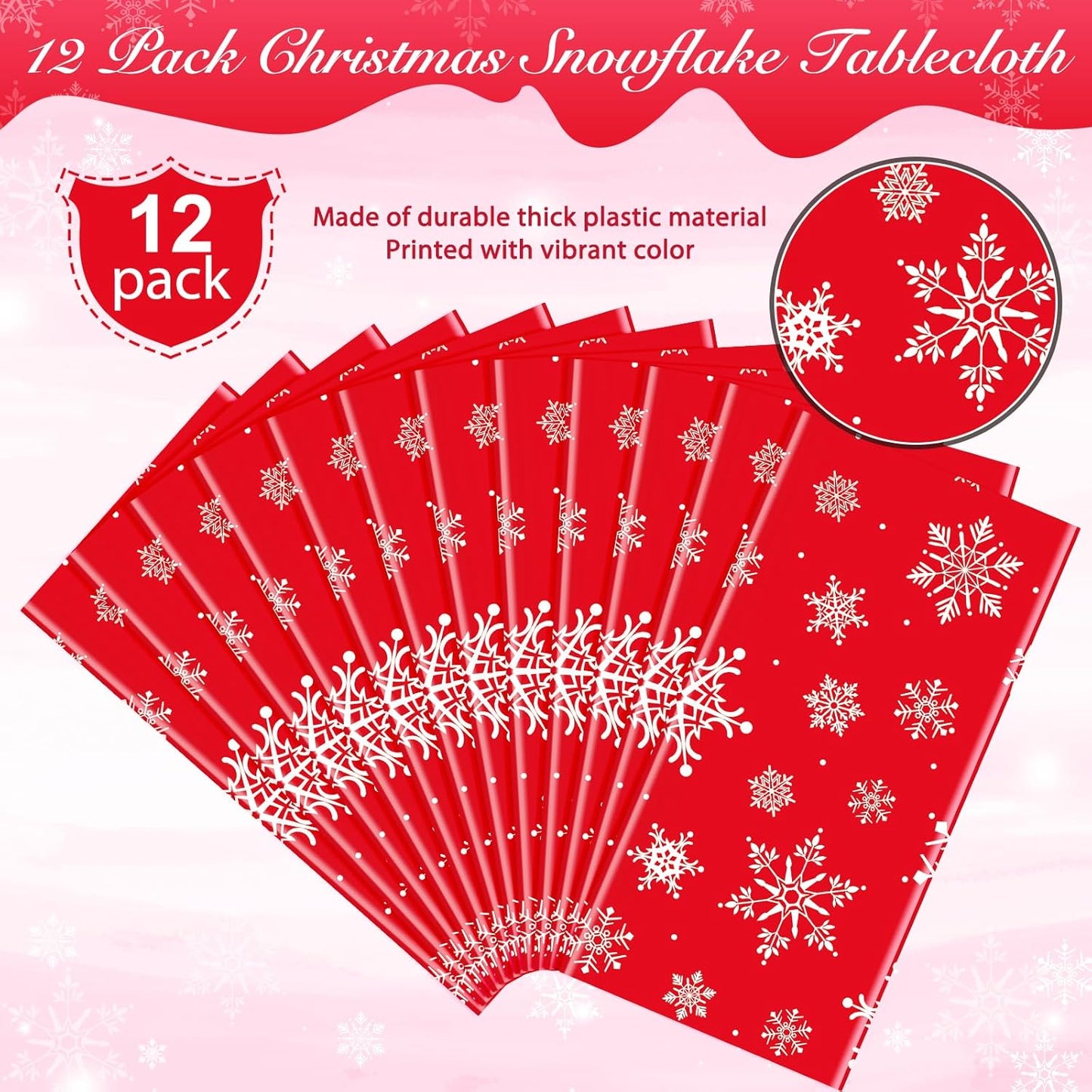 Jectivs 12 Pieces Christmas Snowflake Plastic Party Tablecloth Decorations,White Snowflake Red Xmas Backdrop Sign Table Cover Banner for Winter Christmas Holiday Party Supplies,54x108 inch (Red)