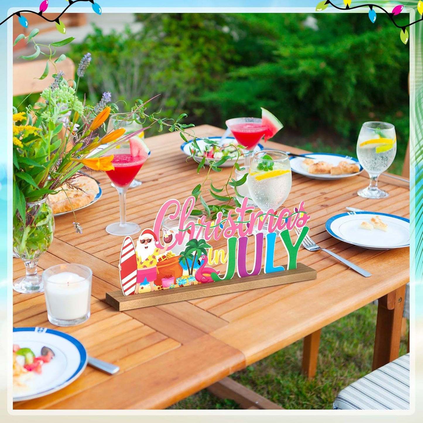 Christmas in July Metal Sign Rustic Table Decor Holiday Tiered Tray Decor with Wooden Base Freestanding Metal Word Sign for Home Tabletop Centerpiece Mantel Shelf Fireplace