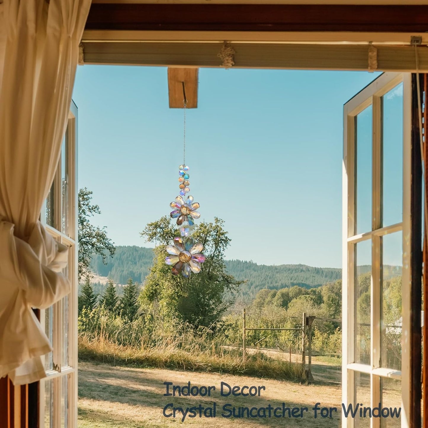 Crystal Flower Suncatcher Hanging Ornament, Rainbow Maker Window Sun Catcher Indoor Outdoor Patio Garden Decor (Deep Multicolor)