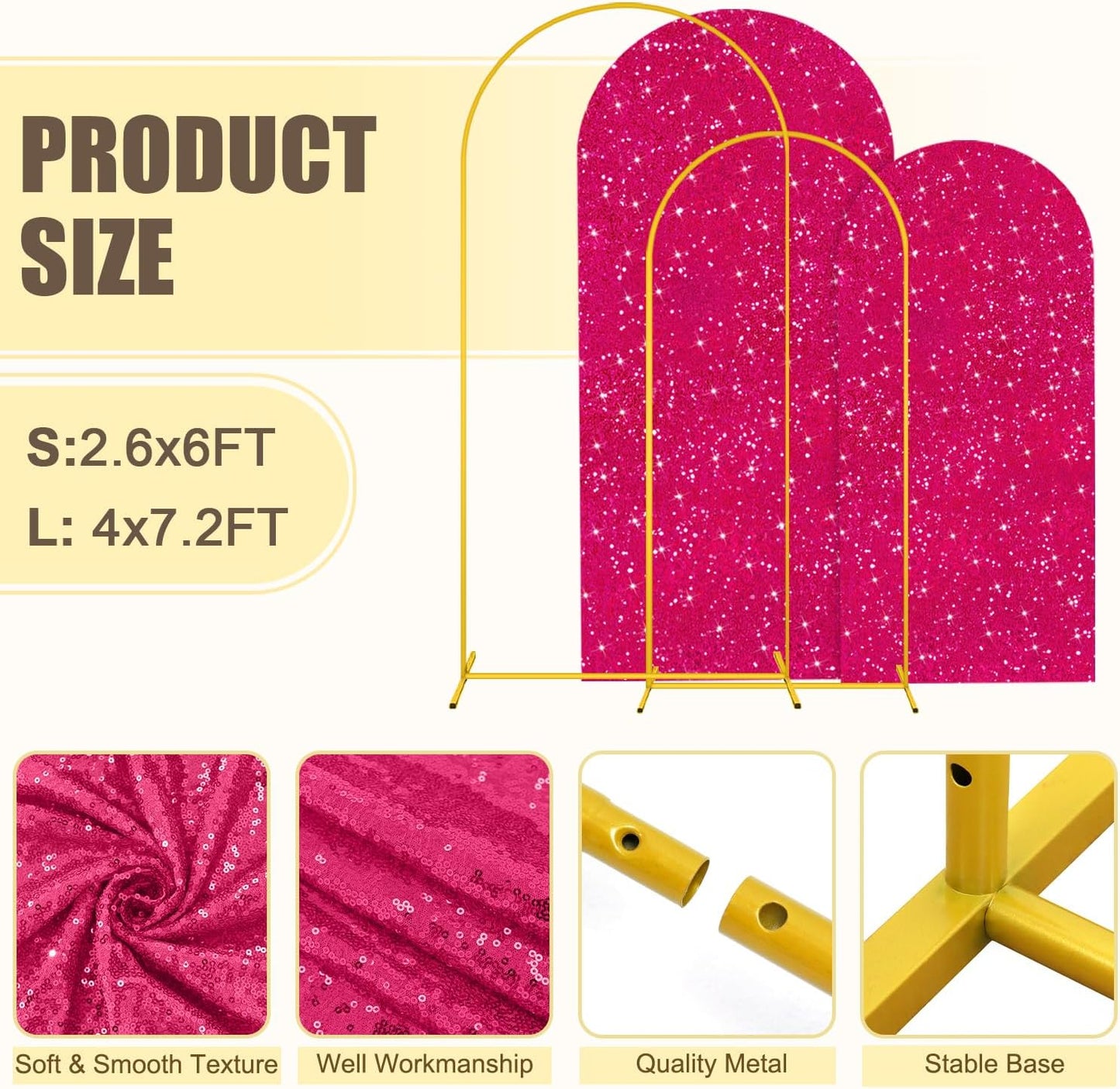 MODFUNS Arch Backdrop Stand and Cover Set 6&7.2ft Hot Pink Sequins Arch Backdrop Cover Metal Arch Frame with Covers Double Sided Arch Stand Covers for Wedding Party Baby Shower Decoration