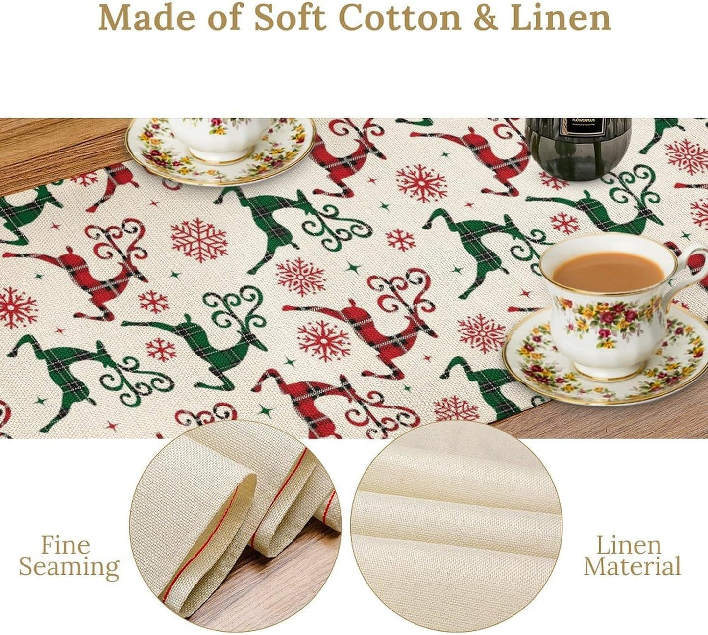 Christmas Table Runner,Christmas Plaid Deer Print Farmhouse Table Cloth Kitchen Dining Table Decoration for Home Party Decor 13x36 Inch