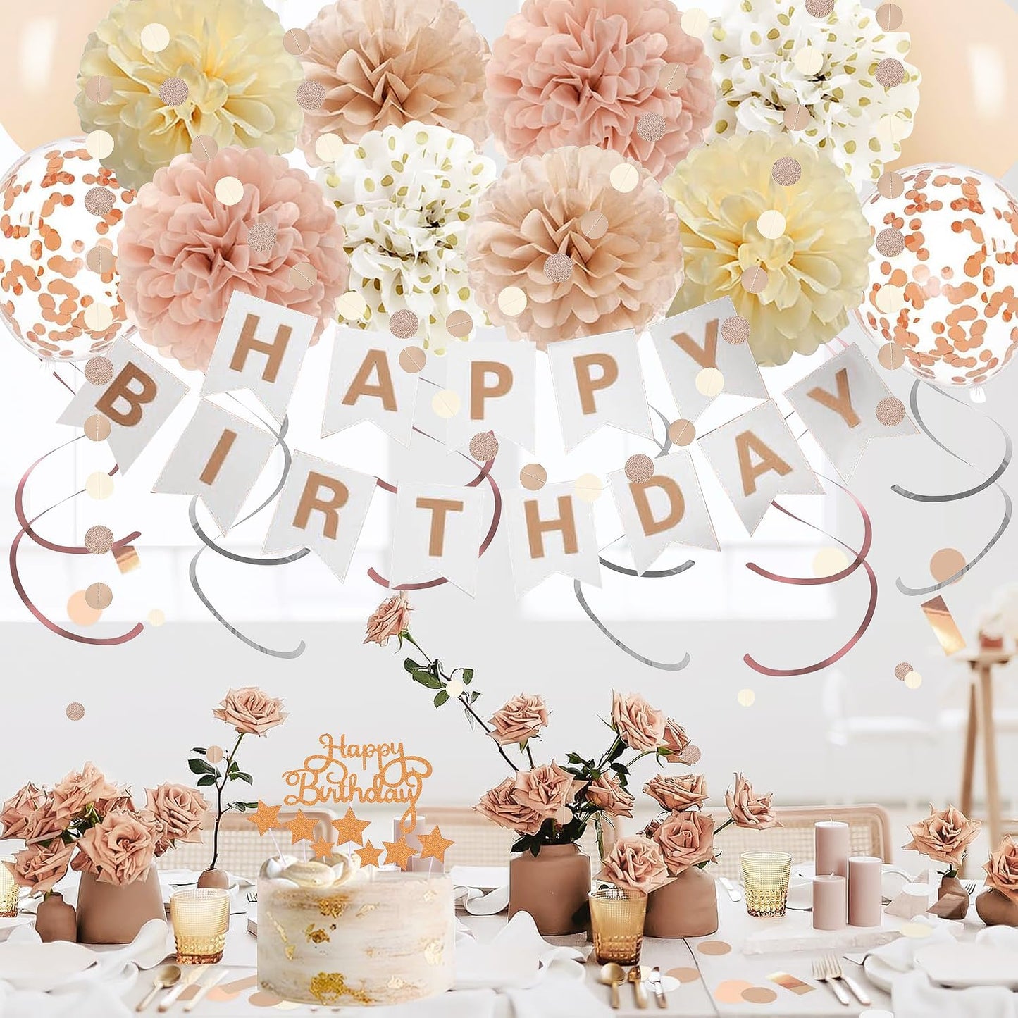 Rose Gold Birthday Party Decorations Kits with Happy Banner,Cake Topper,Hanging Swirls,Tissue Paper Pompoms,Paper Tassels Garland,Confetti Balloons for Women Girls Birthday Party