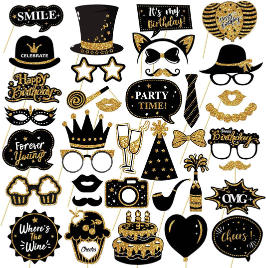 Birthday Photo Booth Props Kit - 38Pcs Funny Pose Signs, Selfie Photobooth Decor for Birthday Party, Men Women